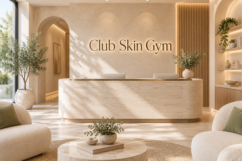 AI-generated reception concept for Club Skin Gym — Laguna Hills; not a photograph of actual premises.
