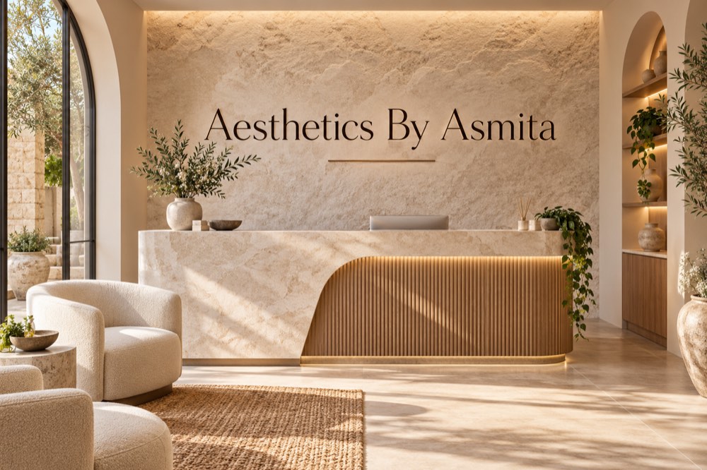 AI-generated reception concept for Aesthetics By Asmita; not a photograph of actual premises.