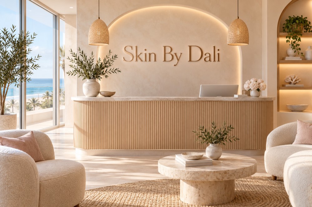 AI-generated reception concept for Skin By Dali; not a photograph of actual premises.
