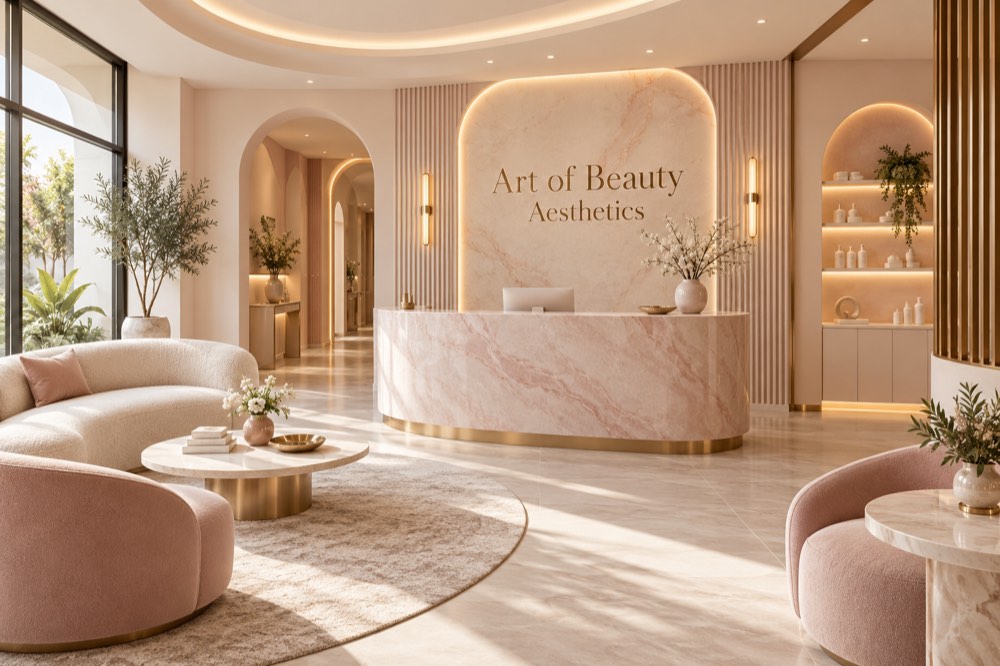 AI-generated reception concept for Art of Beauty Aesthetics; not a photograph of actual premises.