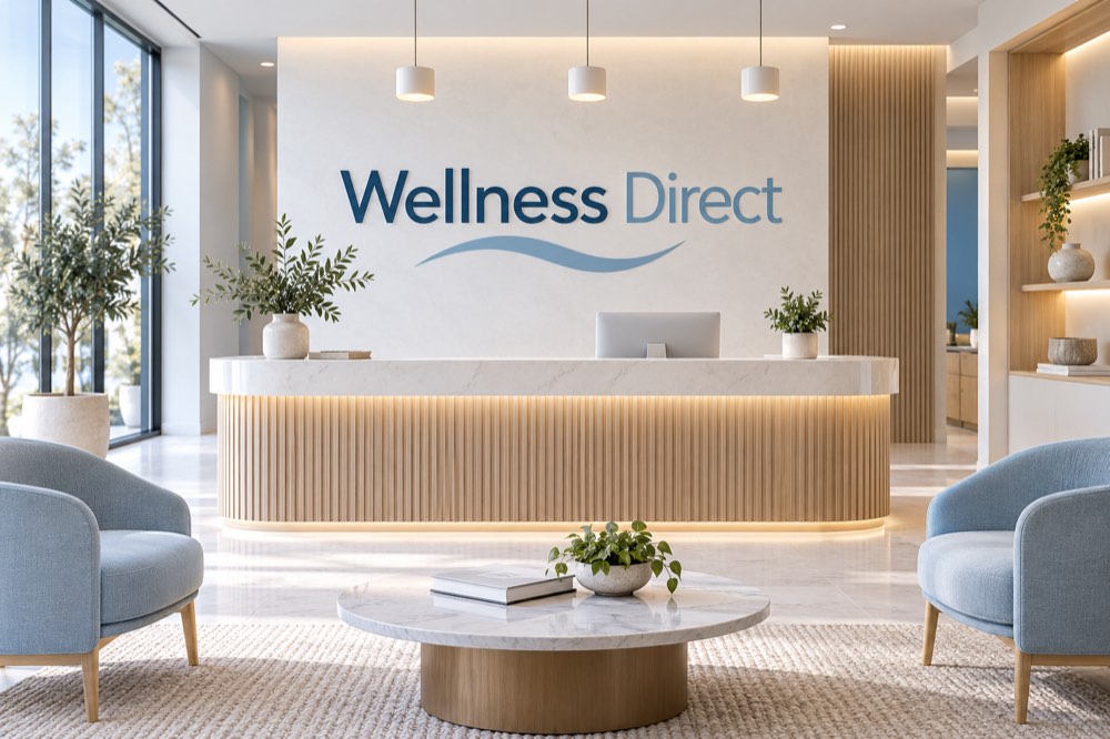AI-generated reception concept for Wellness Direct; not a photograph of actual premises.
