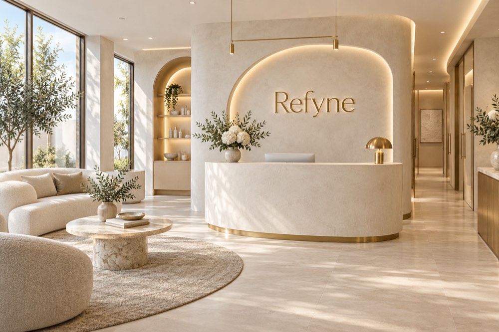 AI-generated reception concept for Refyne by OC Skin Care Center; not a photograph of actual premises.