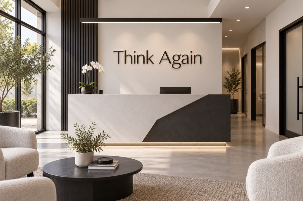 AI-generated reception concept for Think Again Tattoo Removal — Costa Mesa; not a photograph of actual premises.