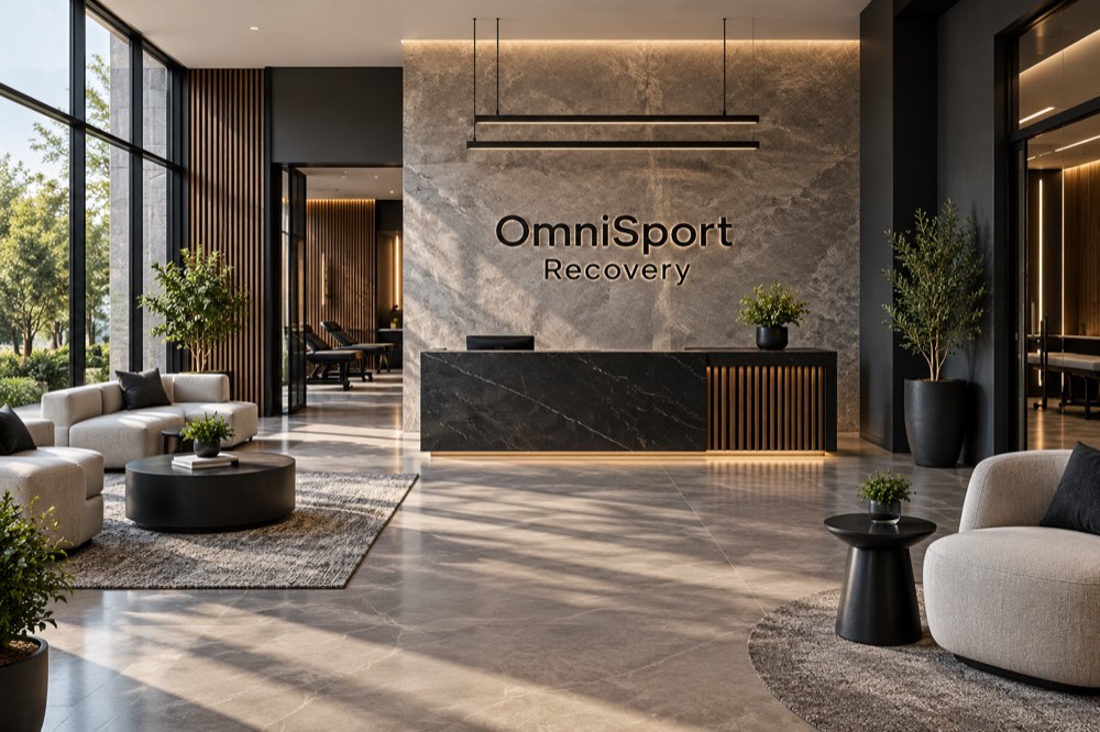 AI-generated reception concept for OmniSport Recovery; not a photograph of actual premises.