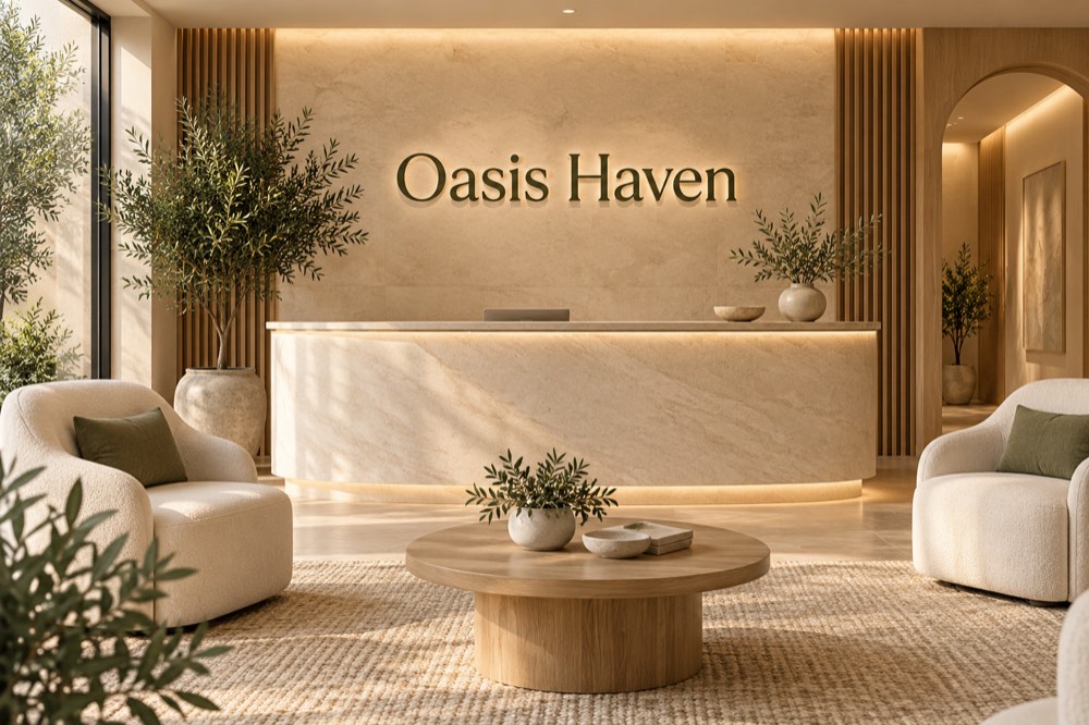 AI-generated reception concept for Oasis Haven; not a photograph of actual premises.