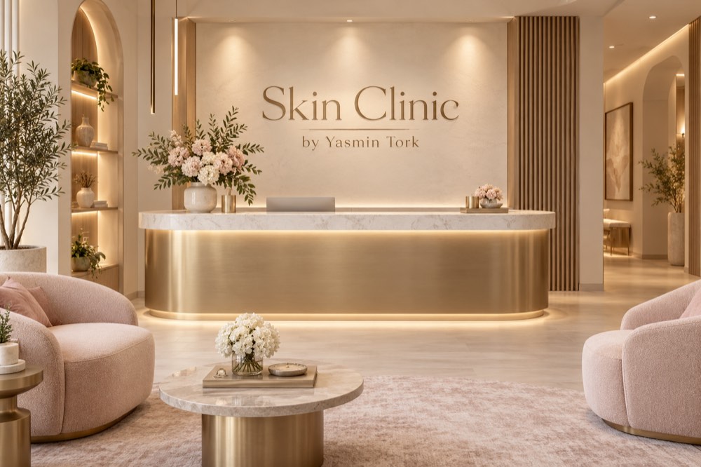 AI-generated reception concept for Skin Clinic by Yasmin Tork; not a photograph of actual premises.