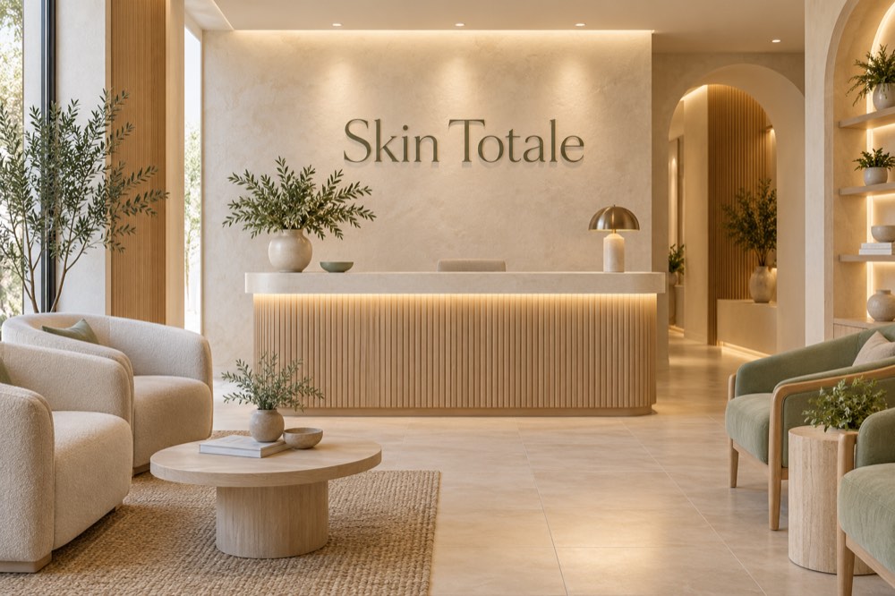 AI-generated reception concept for Skin Totale — Orange; not a photograph of actual premises.