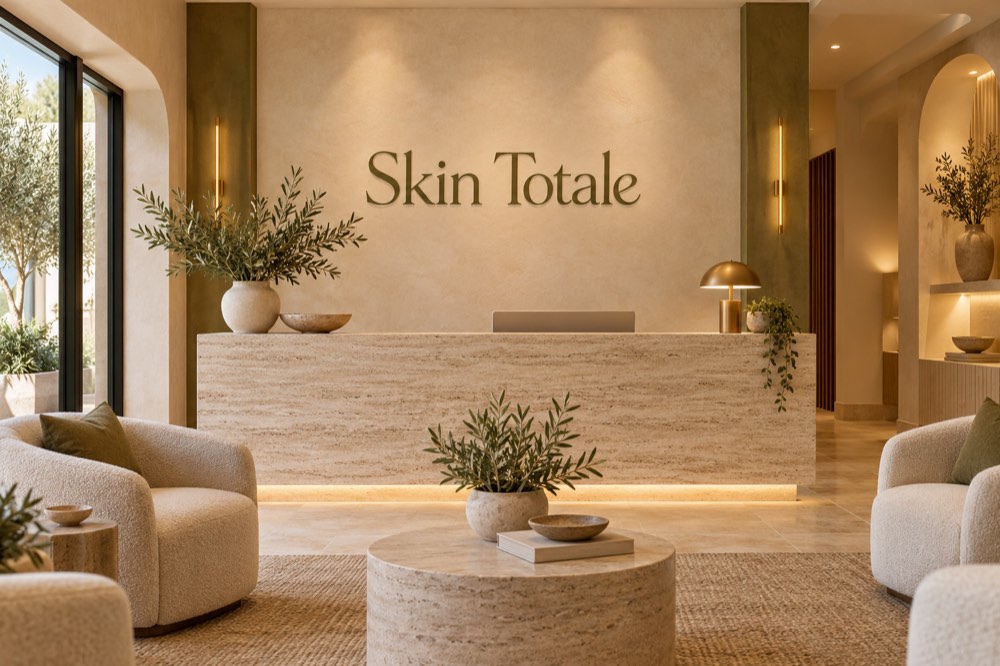 AI-generated reception concept for Skin Totale — San Juan Capistrano; not a photograph of actual premises.