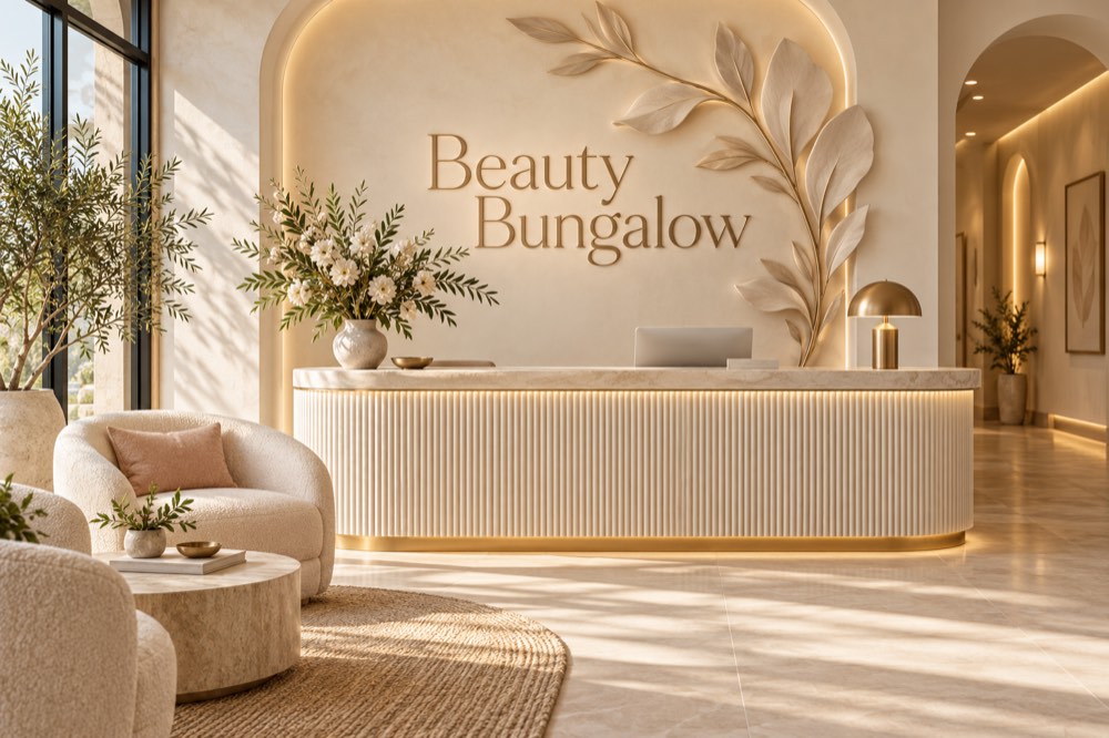 AI-generated reception concept for Beauty Bungalow; not a photograph of actual premises.