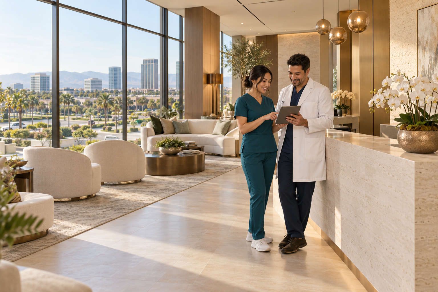 Illustrative nurse and supervising physician in a Irvine-inspired medical-spa lobby